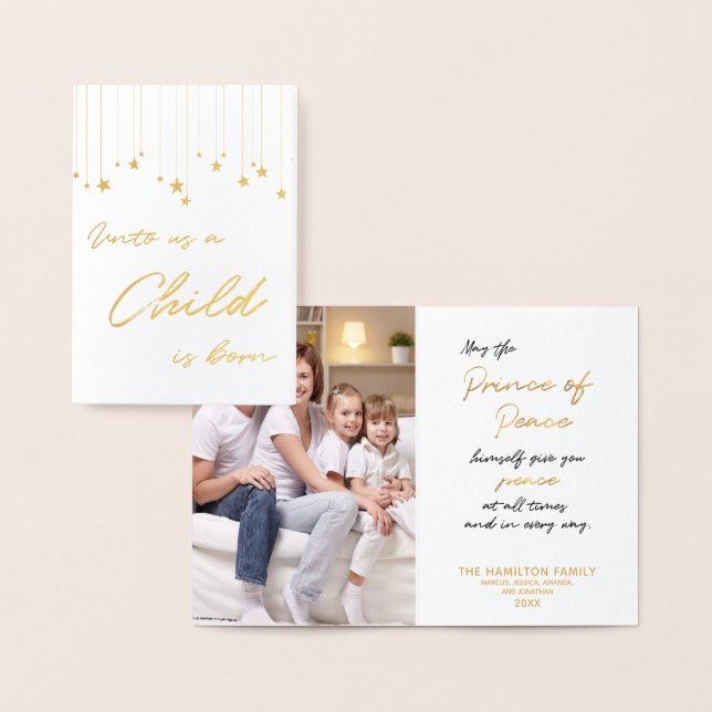 Unto Us A Child is Born Handwritten Gold Christmas Foil Card (Display)