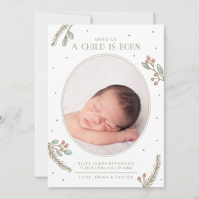 Unto Us a Child is Born Holiday Birth Announcement (Front)