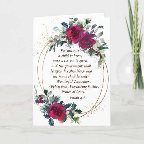 Unto Us A Child is Born Isaiah 96 Christmas Roses Holiday Card