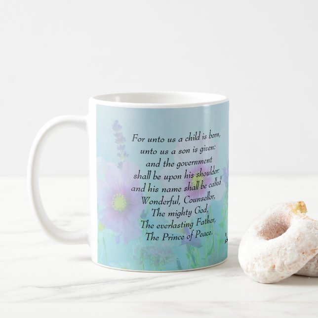 Unto Us a Child is Born, Isaiah 9:6 Coffee Mug (With Donut)