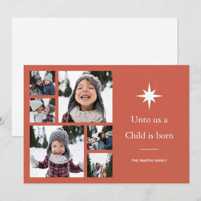 Unto Us a Child is Born Photo Collage Christmas  Holiday Card (Front/Back)