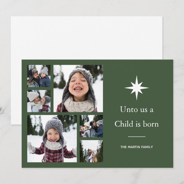 Unto Us a Child is Born Photo Collage Christmas  Holiday Card (Front/Back)
