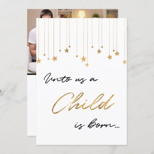 Unto Us A Child is Born Photo Gold Christmas Card