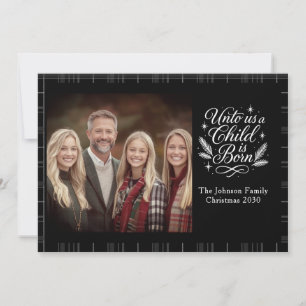 Unto Us A Child Is Born Plaid Photo Christmas Card