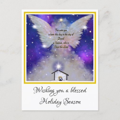 Unto you is born Christmas message angel and baby Holiday Postcard