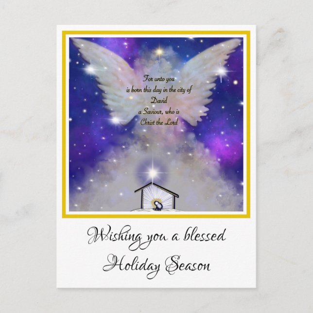 Unto you is born Christmas message angel and baby Holiday Postcard (Front)