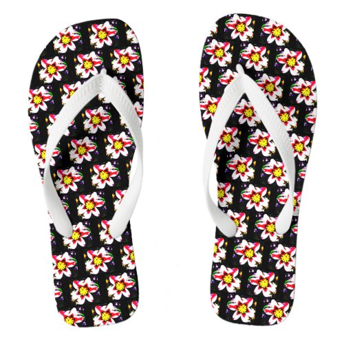 unusual abstract white flowers on black background flip flops