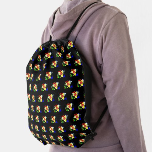 unusual black with yellow and red flower  drawstring bag