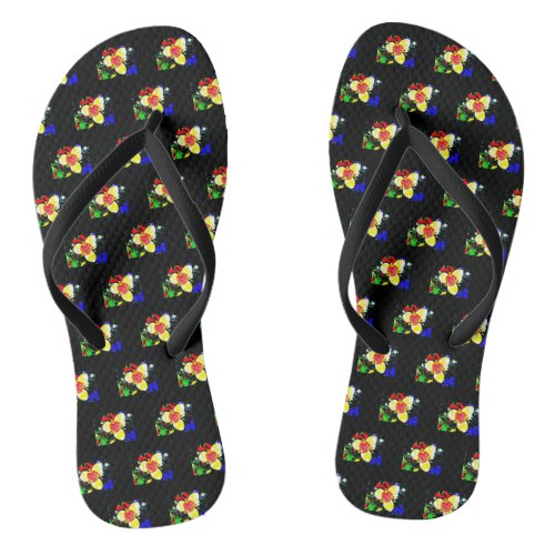 unusual black with yellow and red flower pattern flip flops