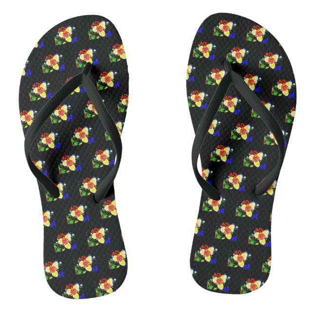unusual black with yellow and red flower pattern flip flops (Footbed)