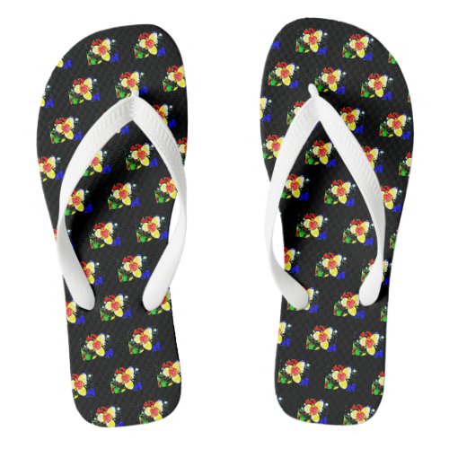 unusual black with yellow and red flower pattern flip flops