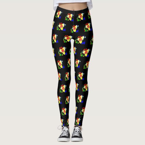 unusual black with yellow and red flower pattern leggings