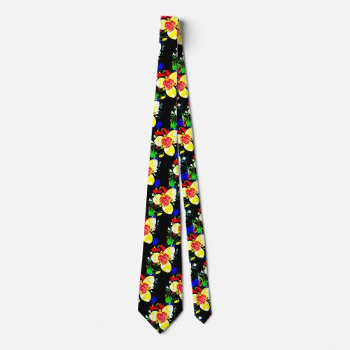 unusual black with yellow and red flower pattern neck tie