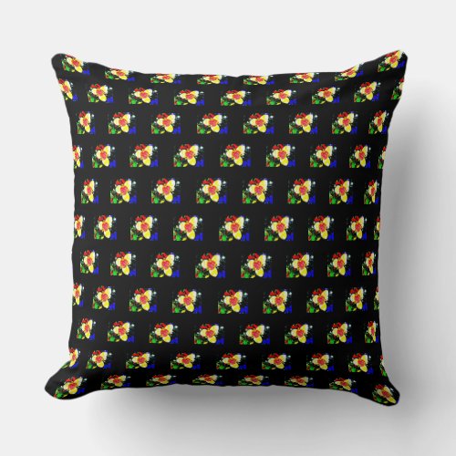 unusual black with yellow and red flower pattern t throw pillow