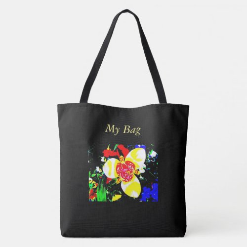 unusual black with yellow and red flower pattern tote bag