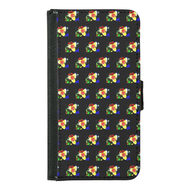unusual black with yellow and red flower  samsung galaxy wallet case (Front)