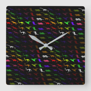 Unusual cool rainbow colorful cute dinosaur square wall clock