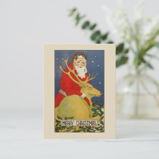 Unusual deco santa deer Christmas postcard