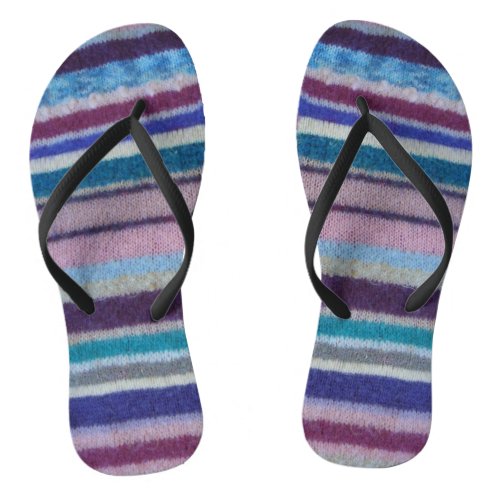 unusual fun vintage hand knitted colorful stripey flip flops