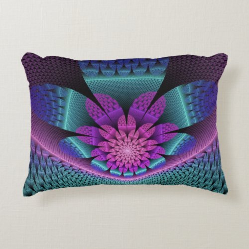 Unusual Patterned Colorful Fantasy Flower Fractal Accent Pillow