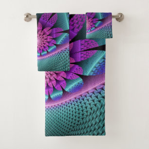 Unusual Patterned Colorful Fantasy Flower Fractal Bath Towel Set