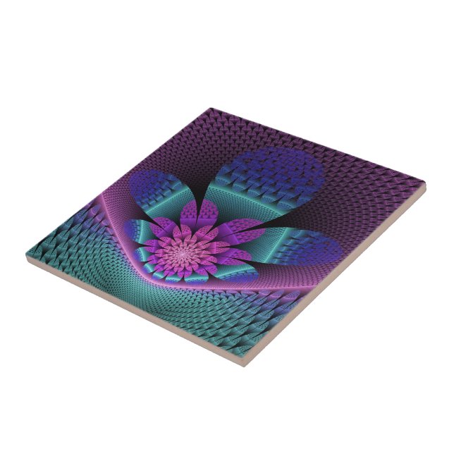 Unusual Patterned Colorful Fantasy Flower Fractal Ceramic Tile (Side)
