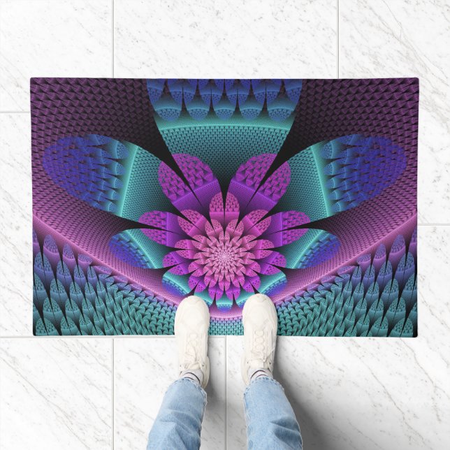 Unusual Patterned Colorful Fantasy Flower Fractal Doormat (Indoor)