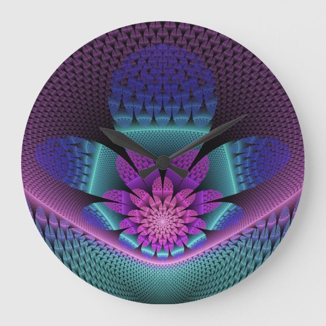 Unusual Patterned Colorful Fantasy Flower Fractal Large Clock (Front)