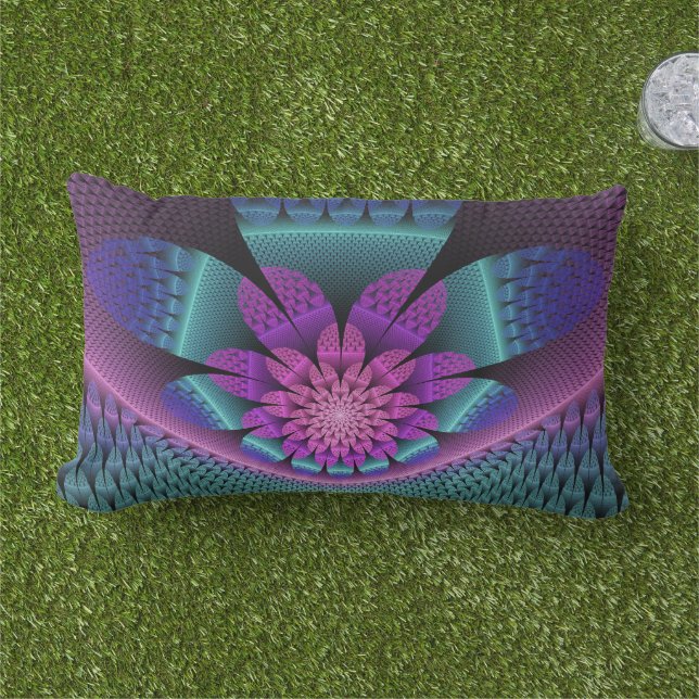 Unusual Patterned Colorful Fantasy Flower Fractal Lumbar Pillow (Grass)