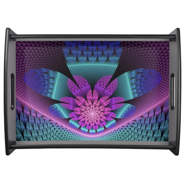 Unusual Patterned Colorful Fantasy Flower Fractal Serving Tray (Front)