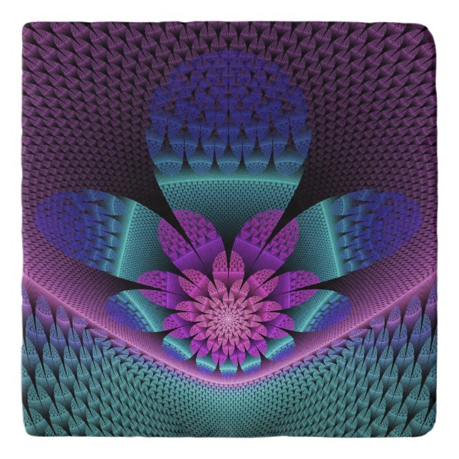 Unusual Patterned Colorful Fantasy Flower Fractal Trivet (Front)