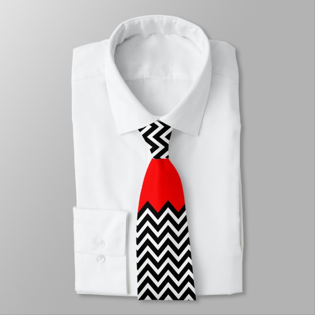 Unusual Red White and Black Chevron Zig Zag Neck Tie (Tied)