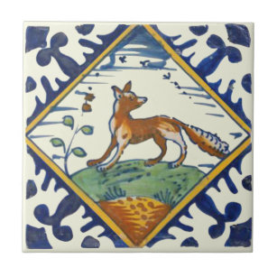 Unusual Repro Delft Fox with Birds Flying Scenic Ceramic Tile