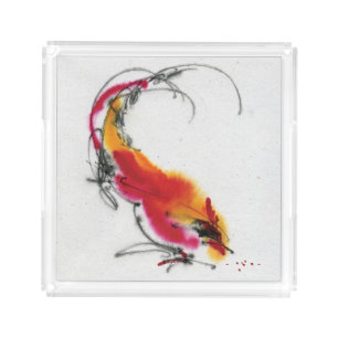 Unusual Rooster. Calligraphy and watercolor. Acrylic Tray