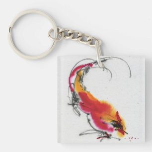 Unusual Rooster. Calligraphy and watercolor. Keychain