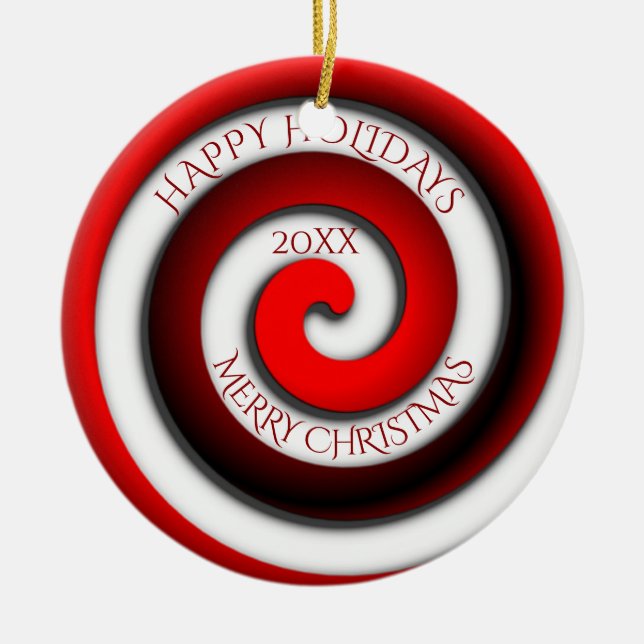 Unusual Spiral Happy Holidays Merry Christmas Year Ceramic Ornament (Front)