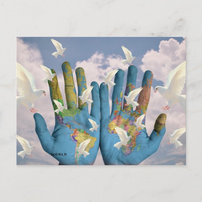 Unusual World Map Dove Peace Atlas Hands Art Postcard (Front)