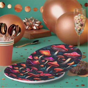 Unveil the Magic on Your Table Red Neon Mushrooms  Paper Plates