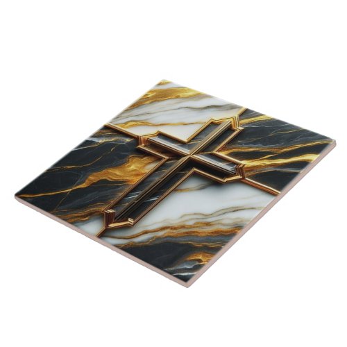 Unveiled Black and White Marble Cross With Gold Ceramic Tile