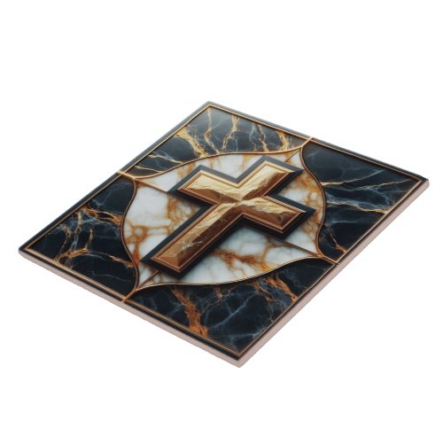 Unveiled Black and White Marble Cross With Gold  Ceramic Tile