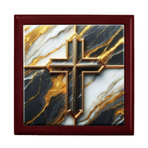 Unveiled Black and White Marble Cross With Gold Gift Box