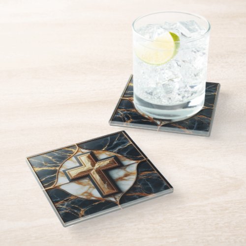Unveiled Black and White Marble Cross With Gold  Glass Coaster