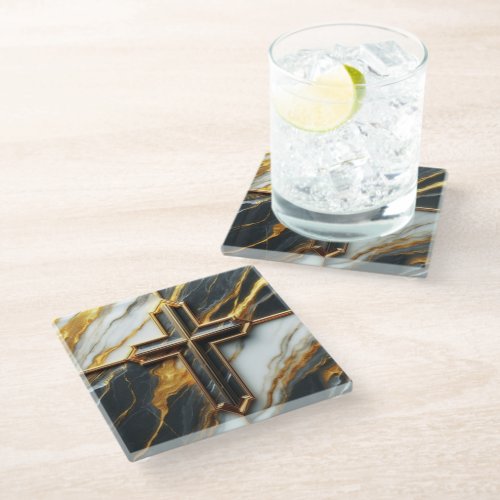 Unveiled Black and White Marble Cross With Gold Glass Coaster
