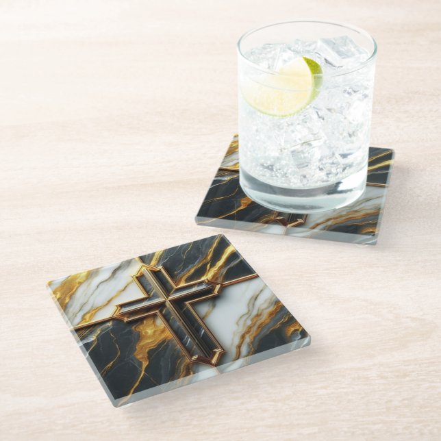 Unveiled Black and White Marble Cross With Gold Glass Coaster (Angled)