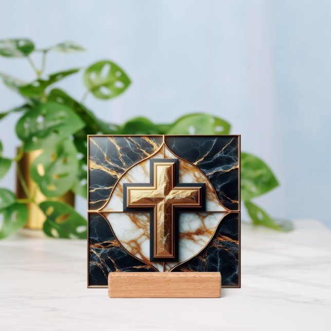 Unveiled Black and White Marble Cross With Gold  Holder (Insitu 3)