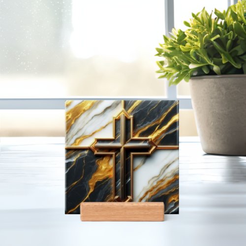 Unveiled Black and White Marble Cross With Gold Holder