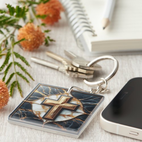 Unveiled Black and White Marble Cross With Gold  Keychain