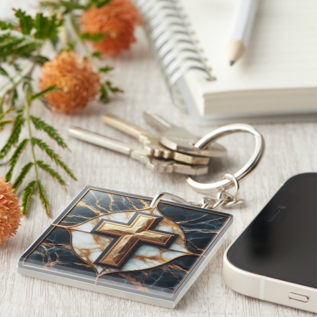 Unveiled Black and White Marble Cross With Gold  Keychain (Front Right)