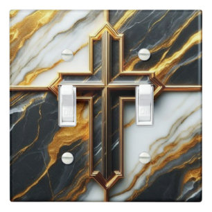 Unveiled Black and White Marble Cross With Gold Light Switch Cover