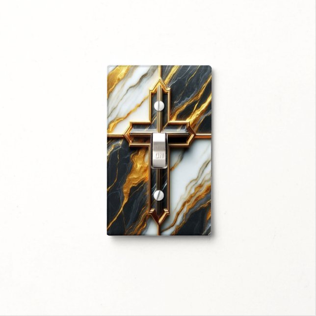 Unveiled Black and White Marble Cross With Gold Light Switch Cover (In Situ)